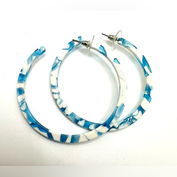 Turquoise Aqua & White Large Hoop Pierced Earrings-Retro Look! - Picture 9 of 10